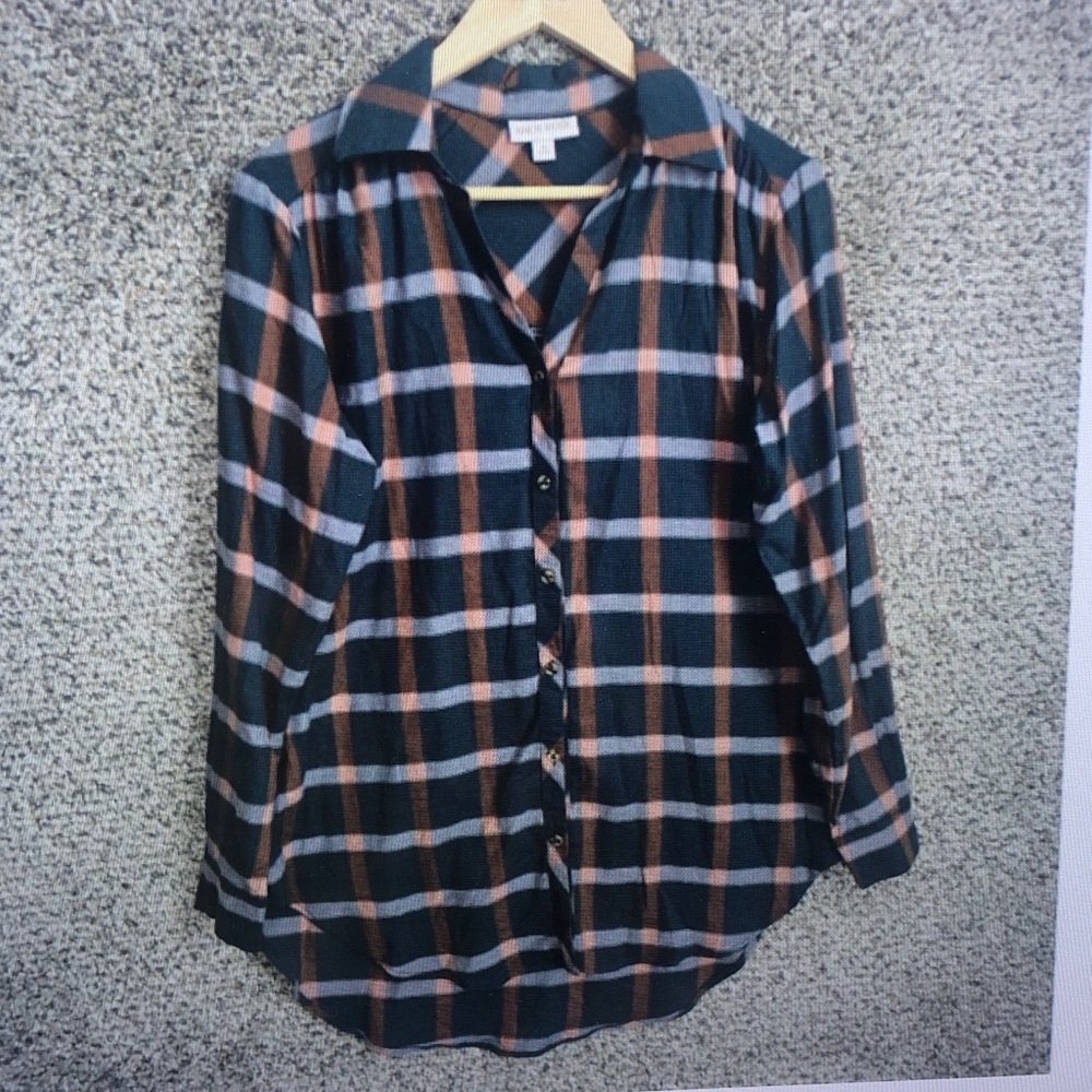 Black Plaid Button-Front Shirt with Rust and Cream Checks